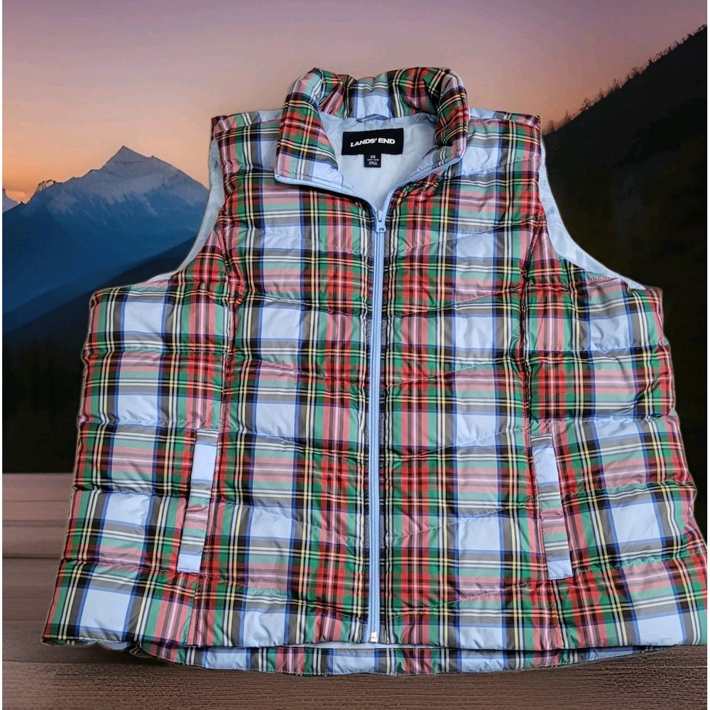 ❄️Lands' End Puffer Vest Womens 2X Plus Plaid 600 Fill Down HyperDRY Winter